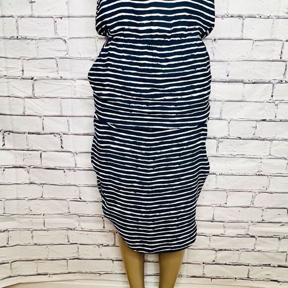 Banana Republic Womens Blue & Cream Striped Cap Sleeve Split Neck Blouson Dress - Picture 3 of 10
